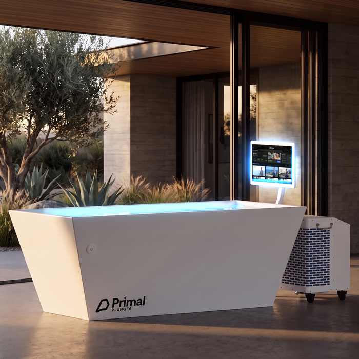 Primal Blizzard cold plunge with chiller and built-in 21-inch touchscreen on a covered terrace