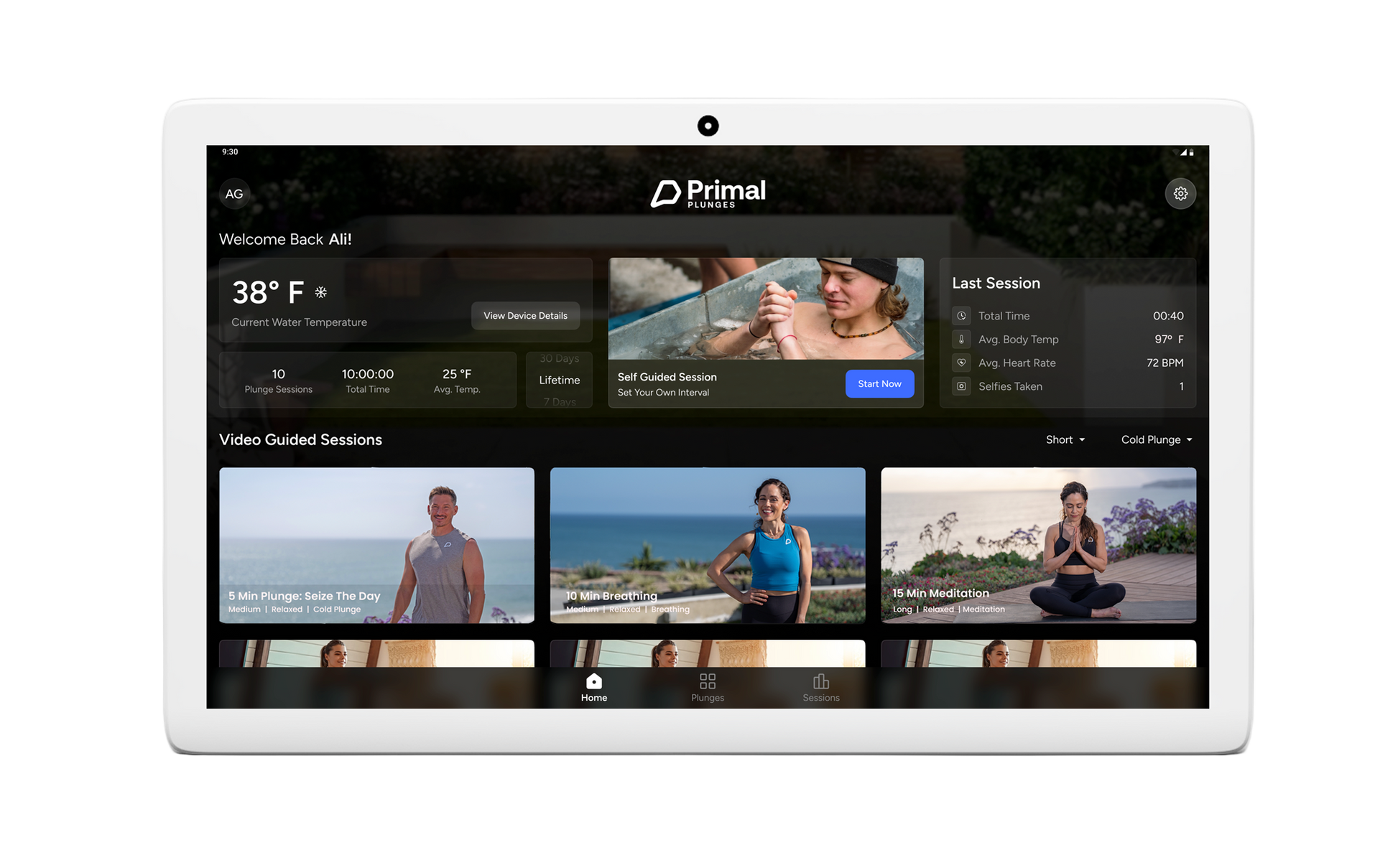 PrimalOS on an indoor touchscreen showing video and control options for Primal Plunges cold plunges