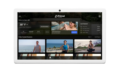 PrimalOS on an indoor touchscreen showing video and control options for Primal Plunges cold plunges