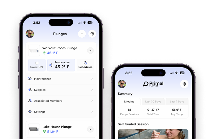 Two iPhones running PrimalOS from Primal Plunges showing the chiller control features in the app