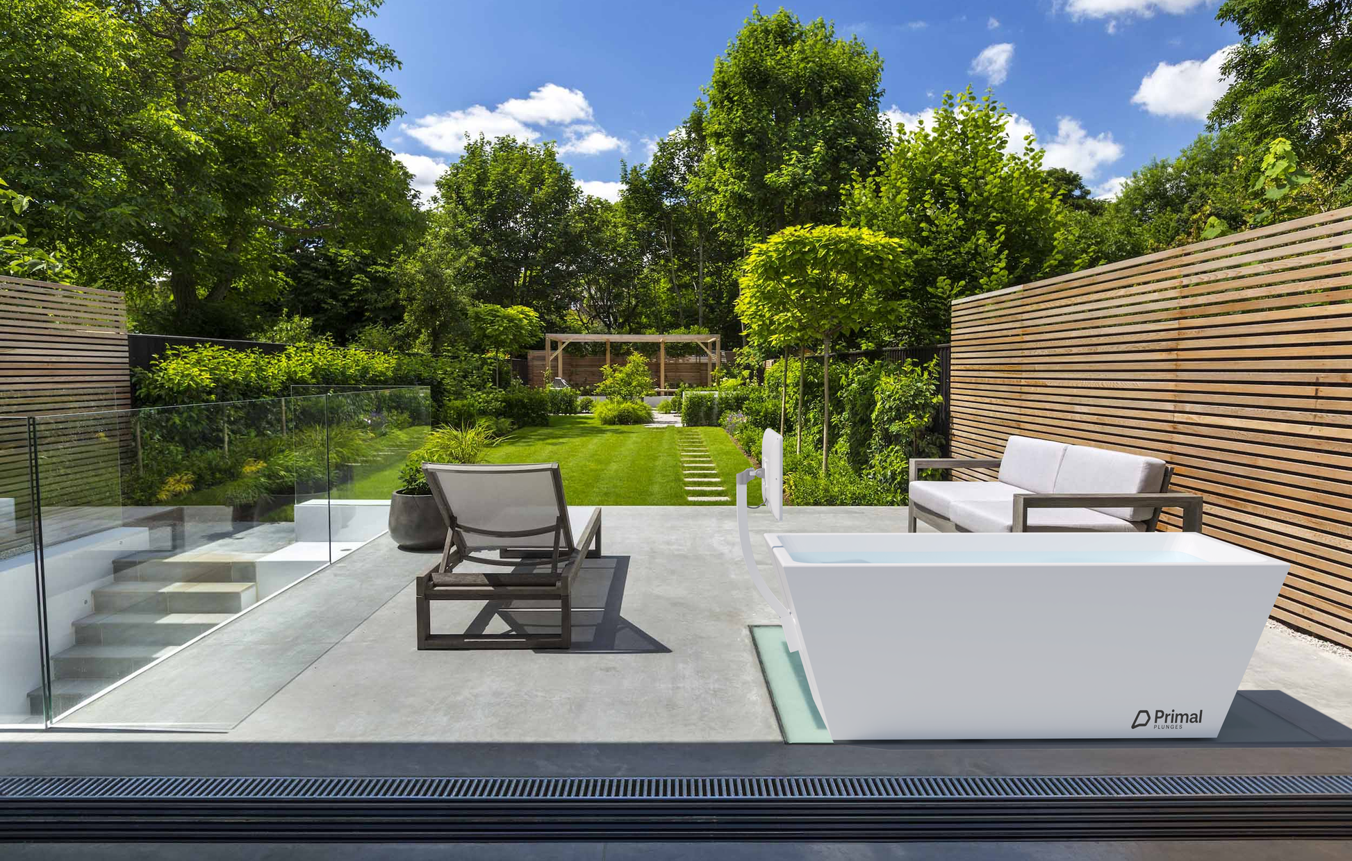 Blizzard cold plunge package from Primal Plunges shown in a luxury backyard