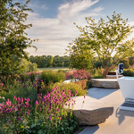 Blizzard cold plunge tub from Primal Plunges shown in a backyard overlooking a golf course with a touchscreen running PrimalOS