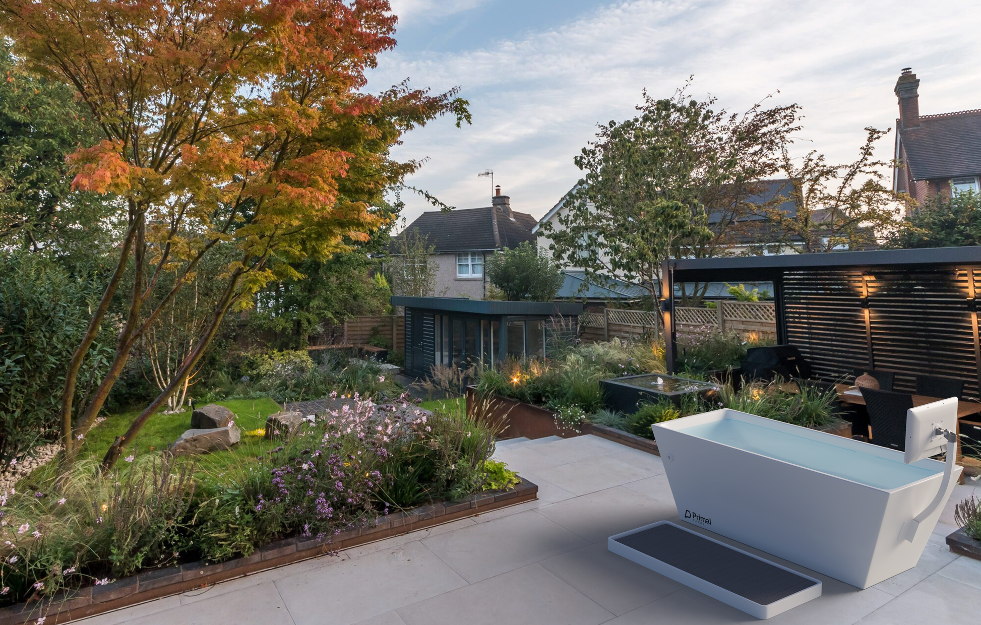 Blizzard cold plunge package from Primal Plunges shown in a luxury backyard