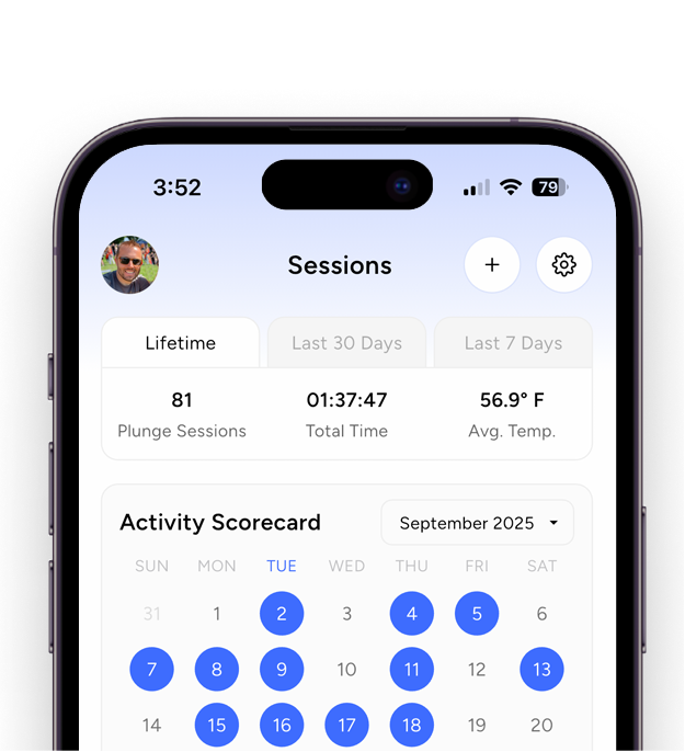 iPhone running PrimalOS from Primal Plunges showing cold plunge session history 