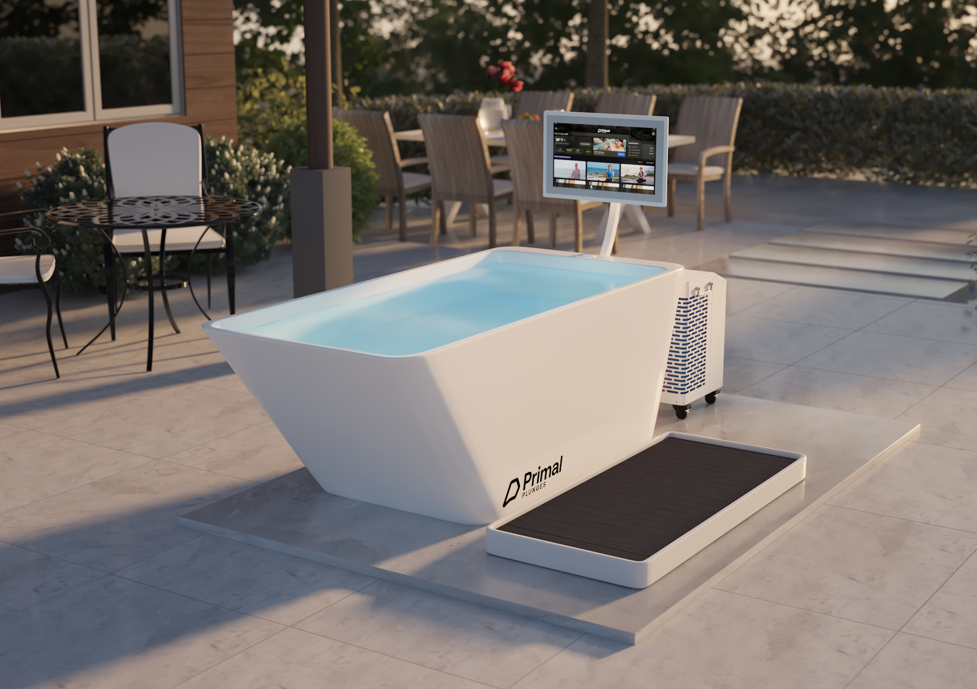 Whiteout cold plunge package from Primal Plunges shown in a luxury backyard