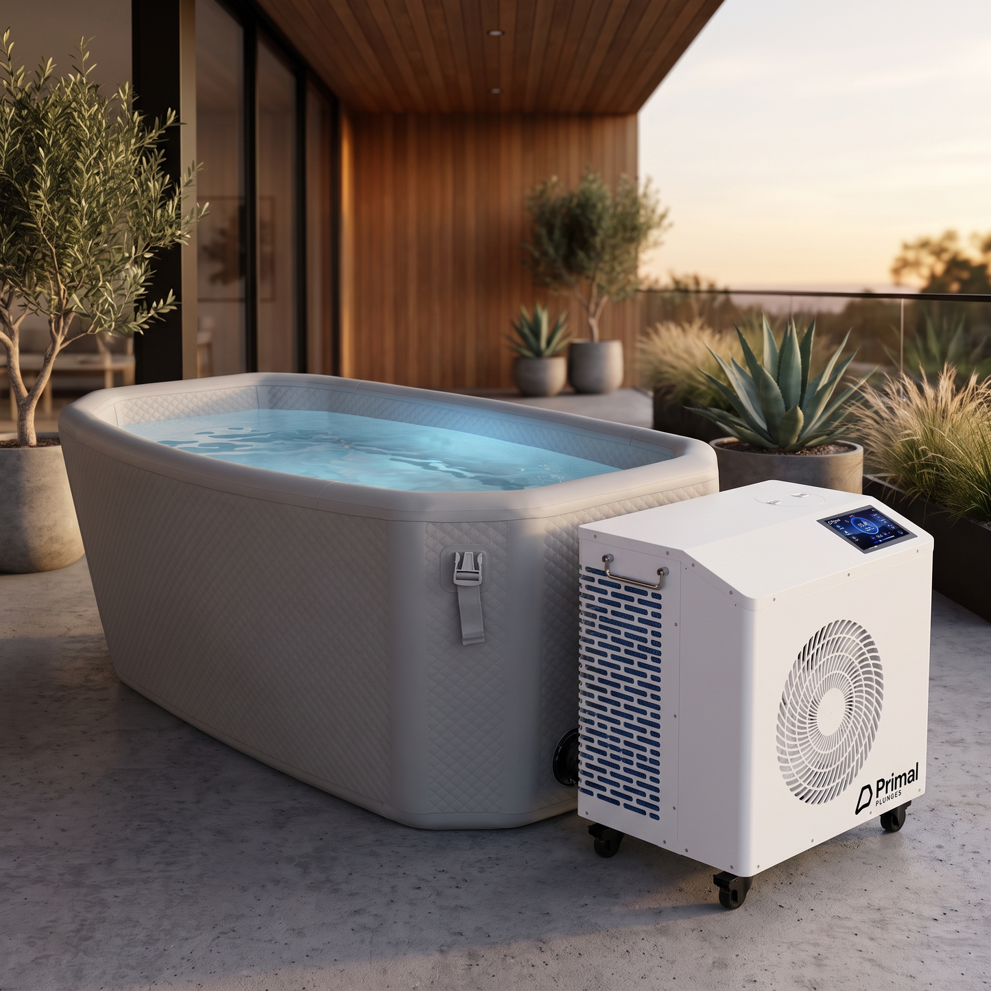 Primal Tundra portable cold plunge with chiller on a terrace