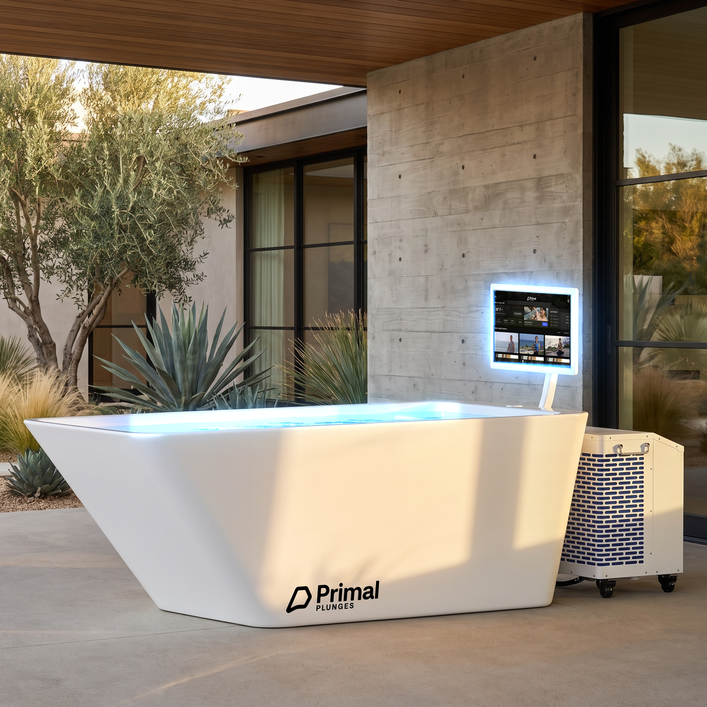 Primal Whiteout cold plunge with chiller and built-in 21-inch touchscreen on a covered terrace