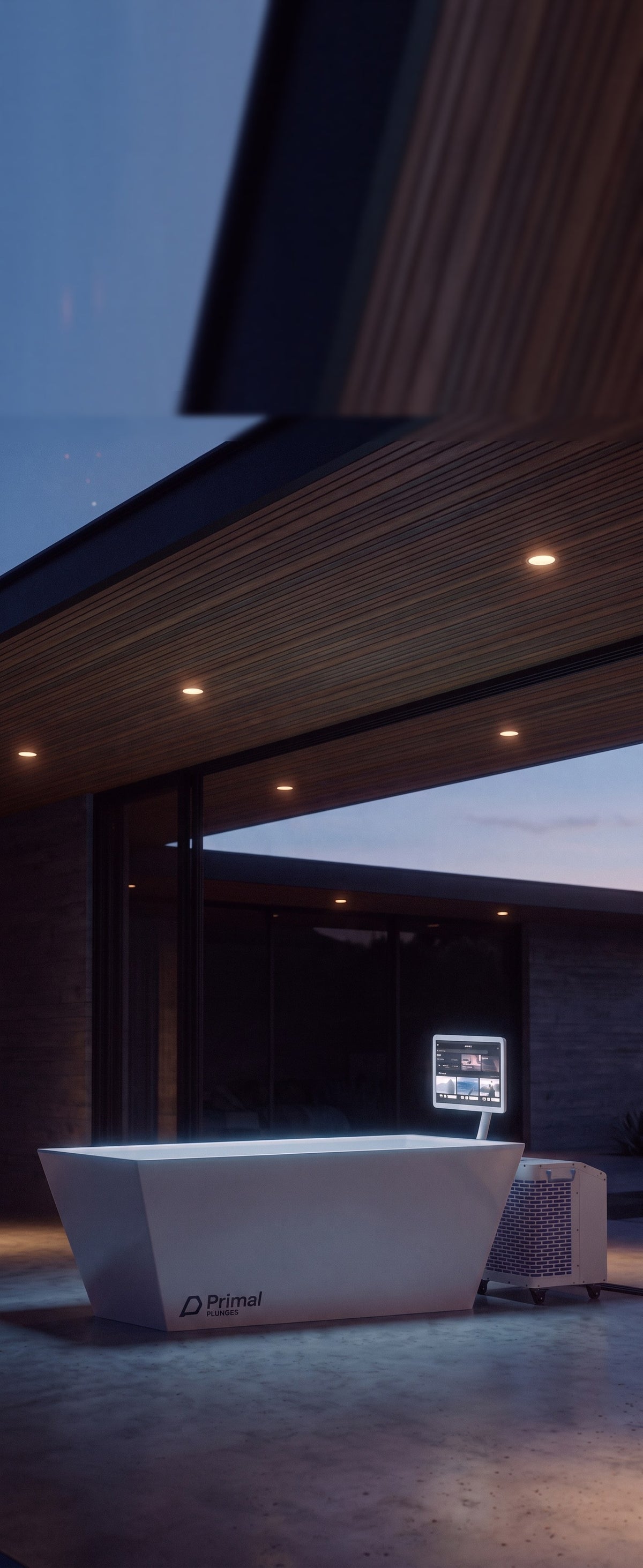 Primal Plunges cold plunge on a covered terrace at dawn, touchscreen glowing