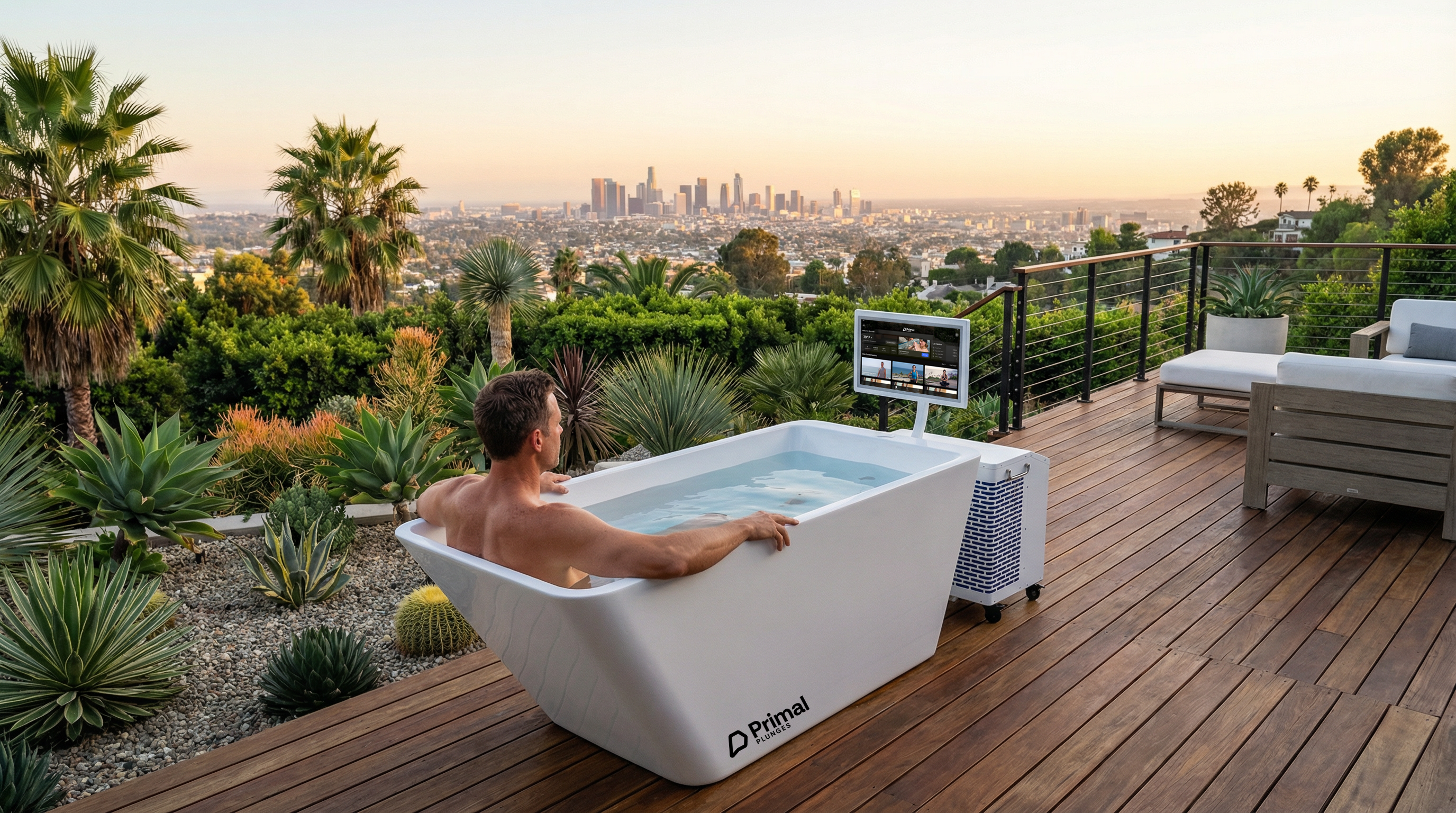 Man relaxing on cold plunge overlooking city