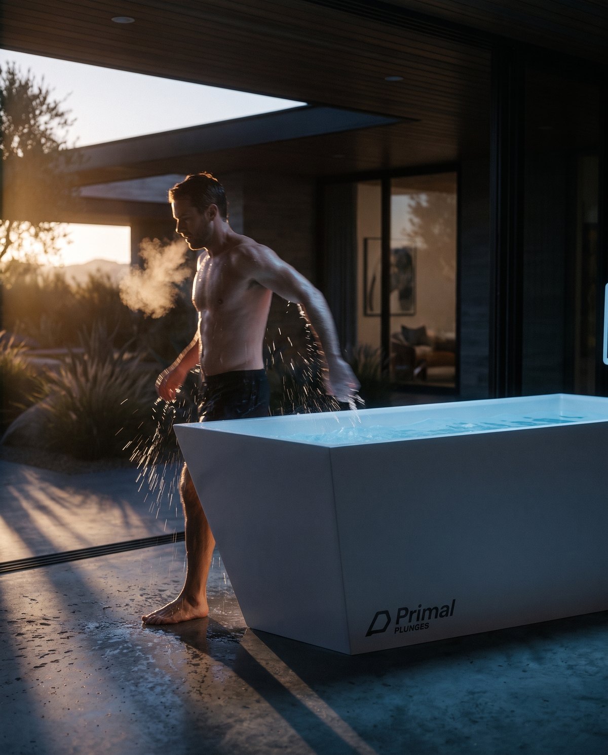 Man stepping out of a cold plunge into the morning sun