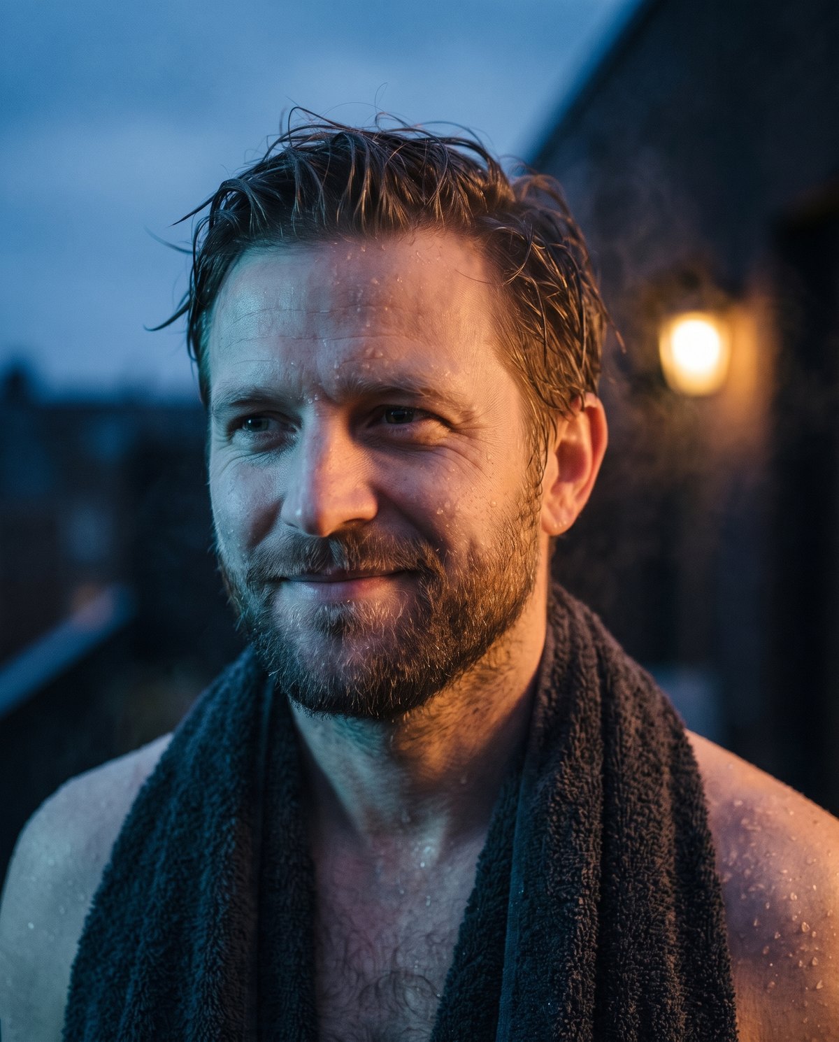 Close-up of a man's face right after a cold plunge