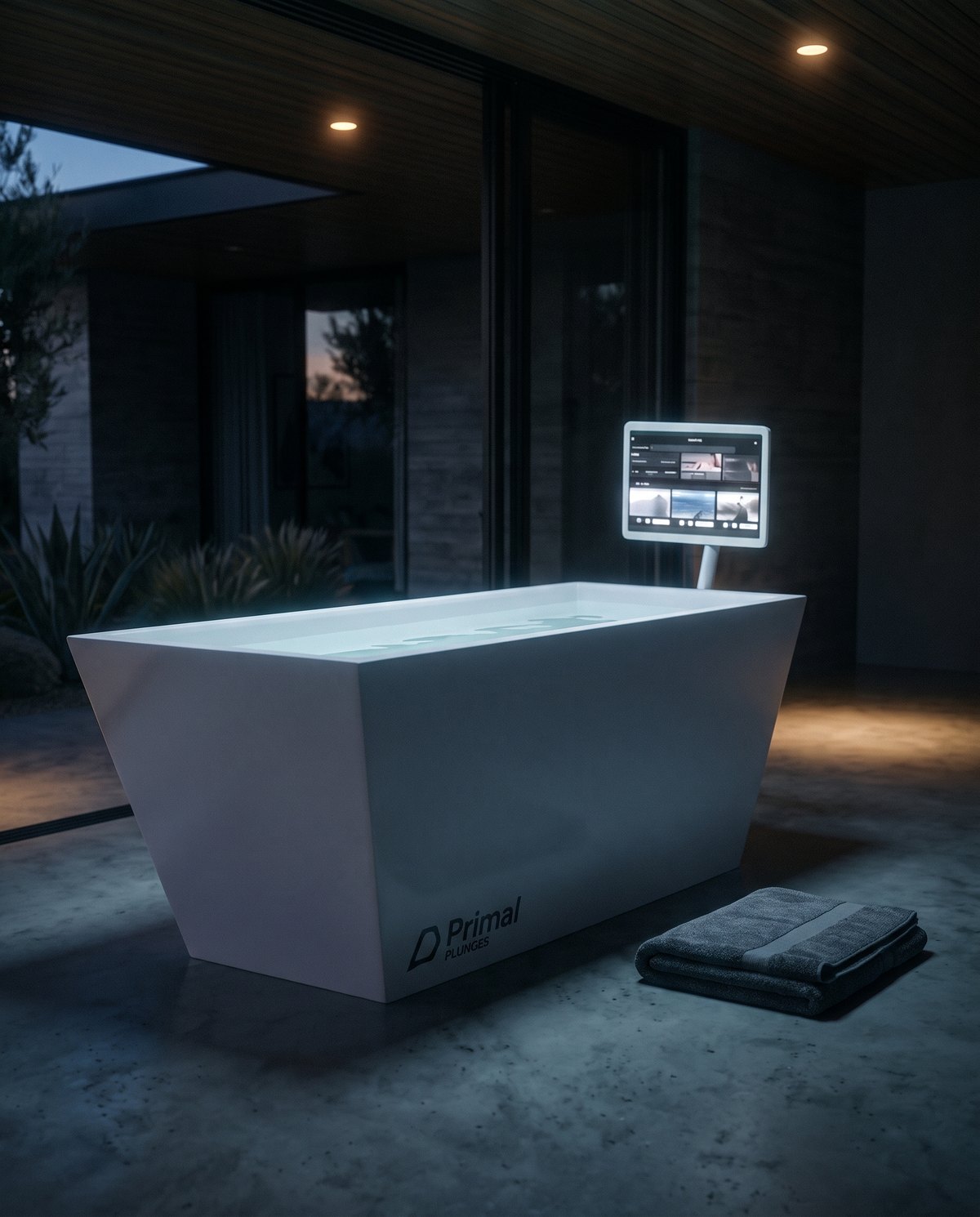 A Primal Plunges cold plunge at first light with its screen on
